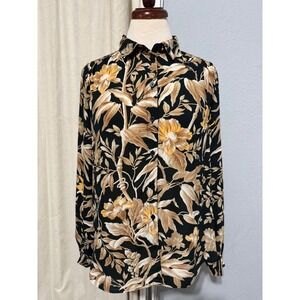 HM Womens Size 8 Blouse Black Floral Botanical Button Up Blouse Long Sleeve Boho